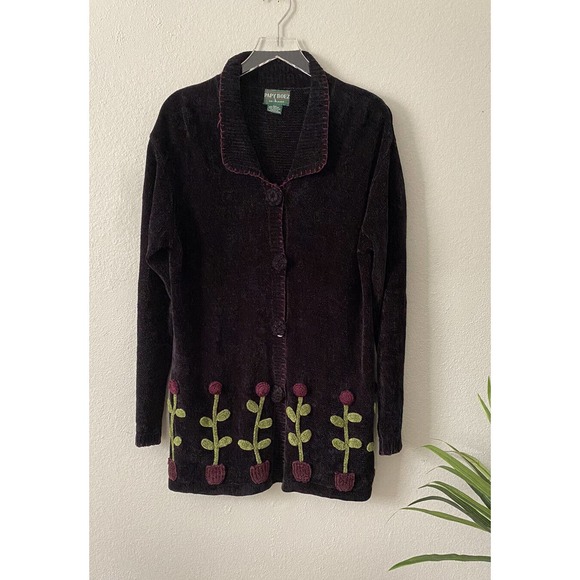 Vintage Papy Boez Black Knitted Sweater Cardigan Textured Flowers Small/Med - Picture 1 of 7